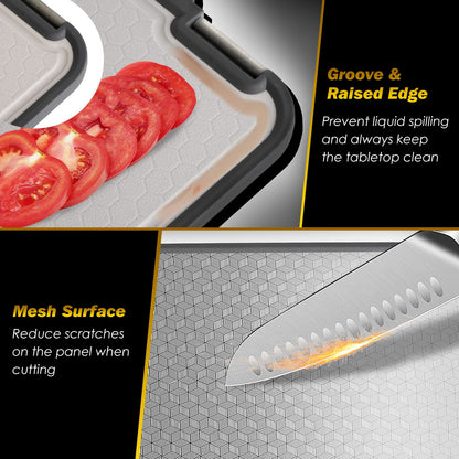 2Pcs Double Sided Cutting Board Stainless Steel PP Chopping Board Lightweight Kitchen Cutting Board Mesh Design With Grinding Zone Knife Sharpener Handle Dishwasher Safe