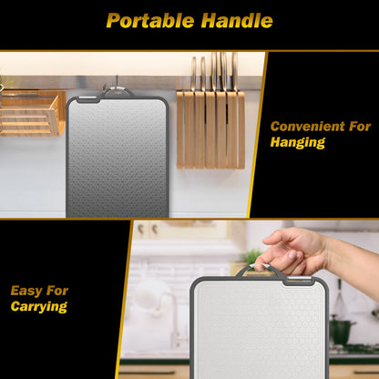 2Pcs Double Sided Cutting Board Stainless Steel PP Chopping Board Lightweight Kitchen Cutting Board Mesh Design With Grinding Zone Knife Sharpener Handle Dishwasher Safe